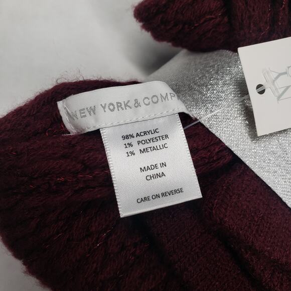 New York & Company 2 Piece Metallic Thread Scarf Gloves Set Burgundy Cable Knit - Picture 4 of 6